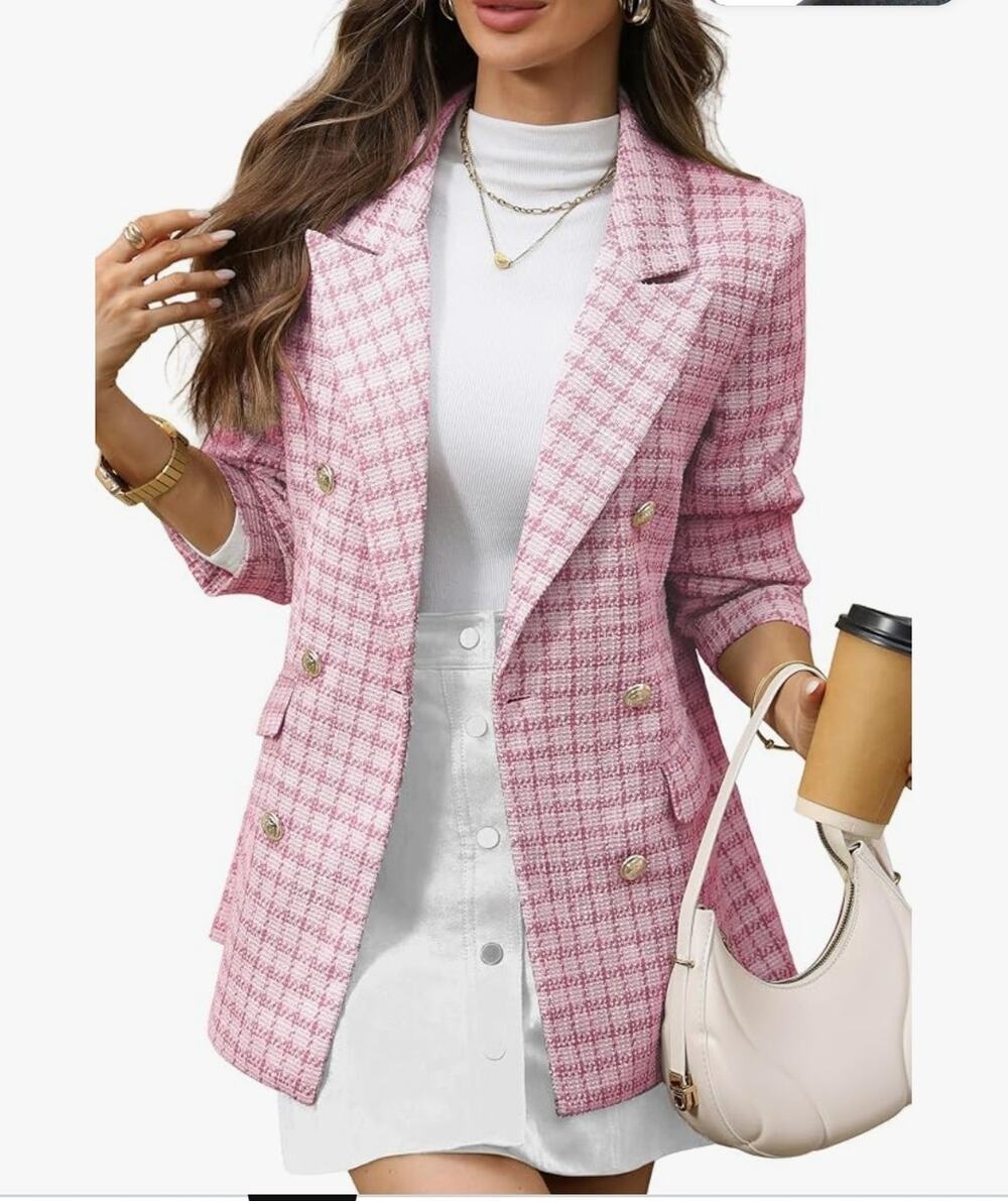 Tweed Blazers for Women Oversized Plaid Double Breasted Buttons Pink Large